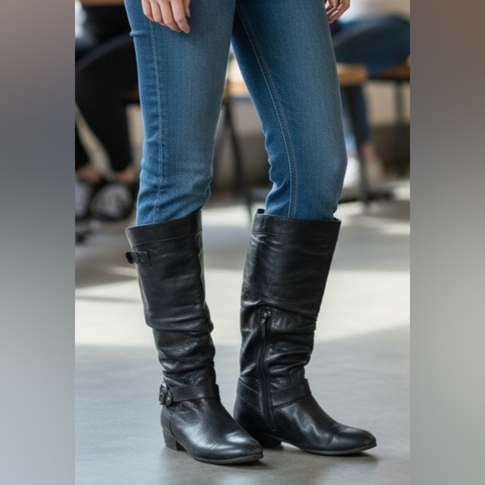 Vintage ALDO Tall Slouchy Boots Black Buckle Moto Riding 7 - Picture 2 of 6